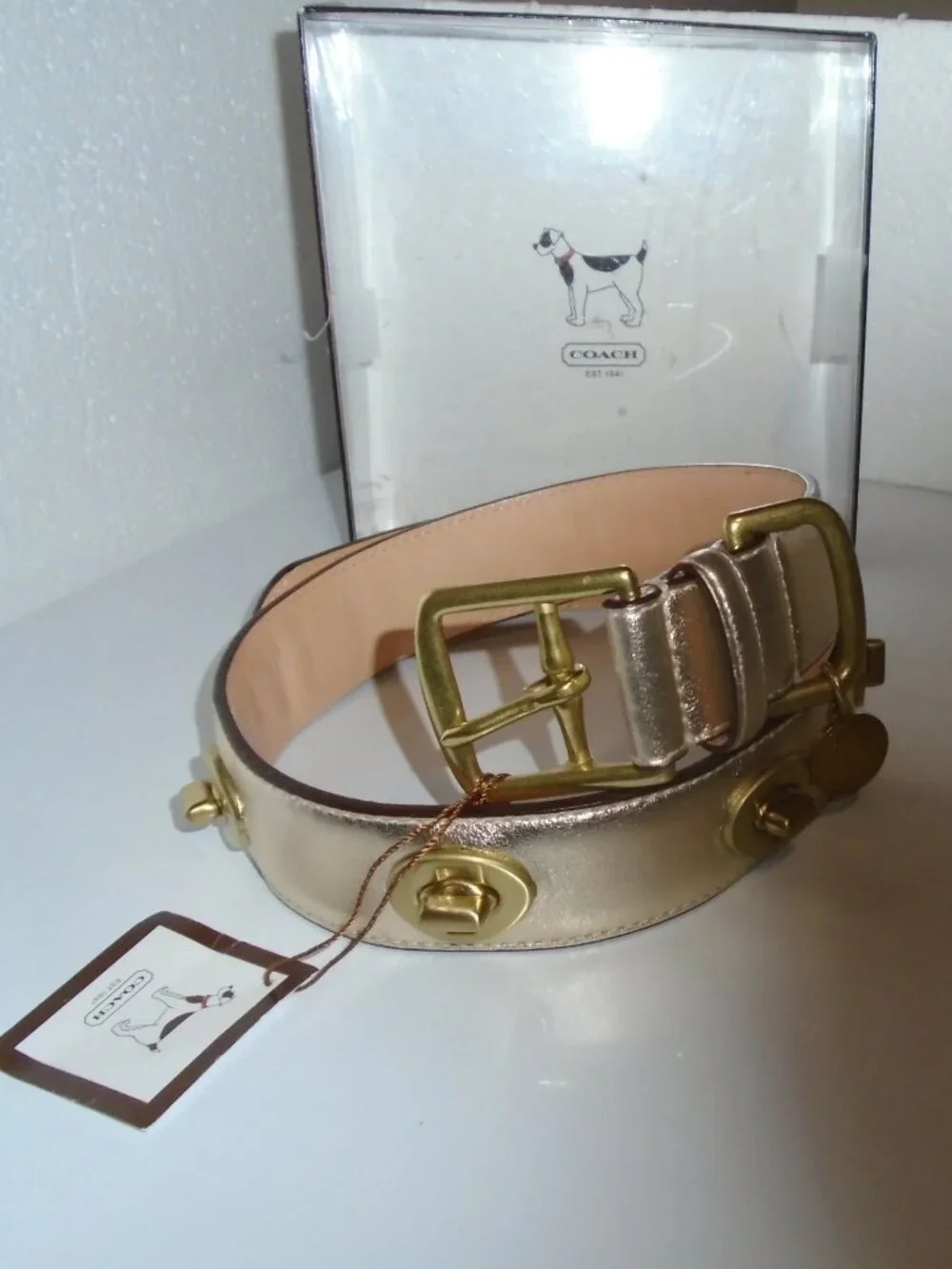 NEW VINTAGE Y2K COACH GOLD LEATHER BRASS TURNLOCK PET DOG COLLAR 60095 SIZE XL